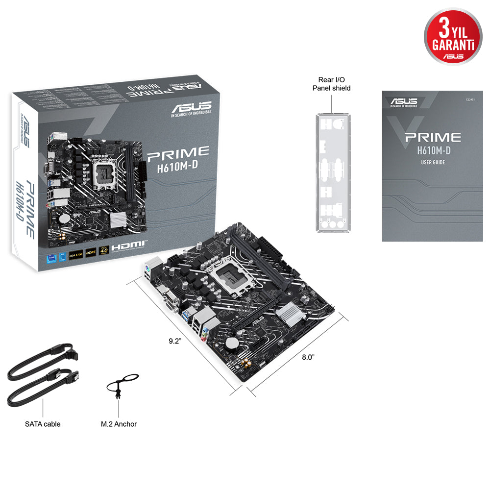 ASUS PRIME H610M-D H610 DDR5 Vga GLan mATX HD M2 USB3.2 COM 1700p Anakart