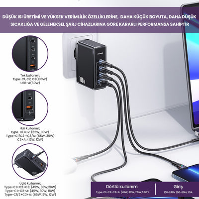 Usams US-CC163 T50 100W QC+PD 4 Port (3Type-C+1USB) GaN Hızlı Şarj Başlığı-Siyah