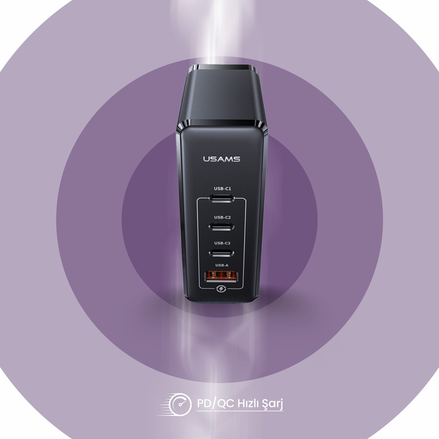Usams US-CC163 T50 100W QC+PD 4 Port (3Type-C+1USB) GaN Hızlı Şarj Başlığı-Siyah