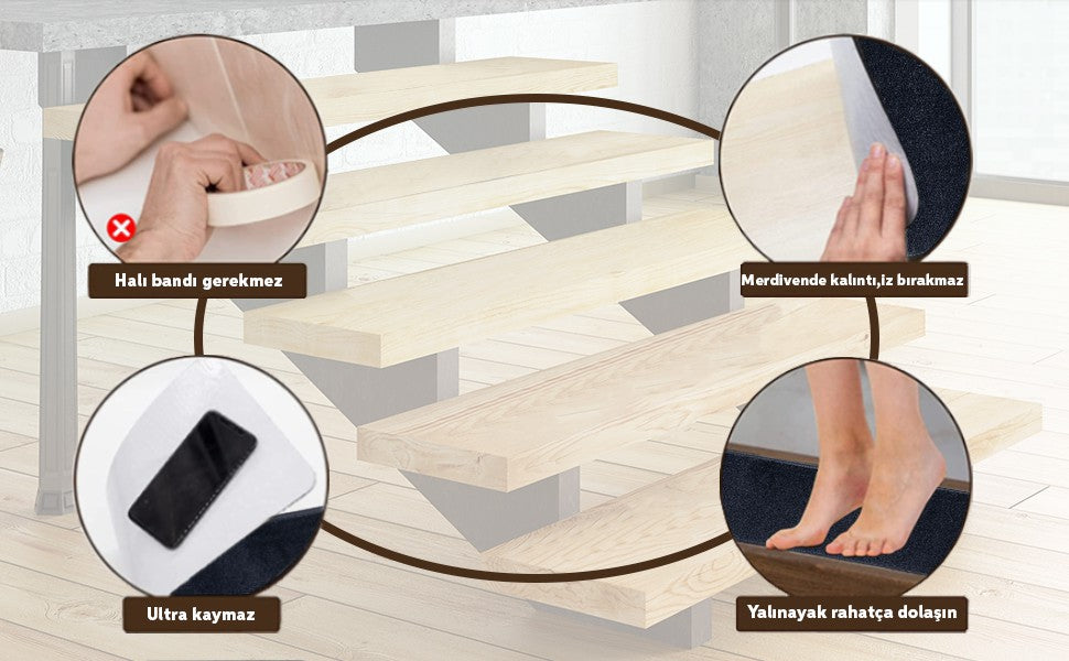 Glary Home GH40A-GRYB Kare Desenli Kaydırmaz Tabanlı Merdiven Halısı - Gri/Siyah