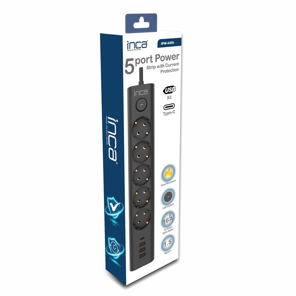 INCA IPW-44TU 5li 1,5mt Siyah 3Usb+Typ-C Akım Korumalı Led Tuşlu Priz