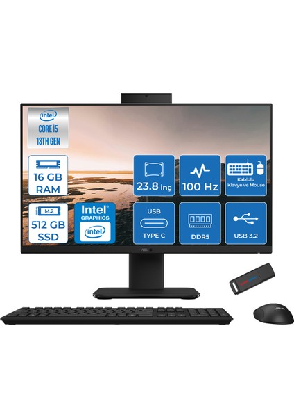 ASUS V440VAK-I58512B0D i5-13420H 8GB 512GB SSD O/B Iris Xe 23.8" Siyah DOS All in One PC