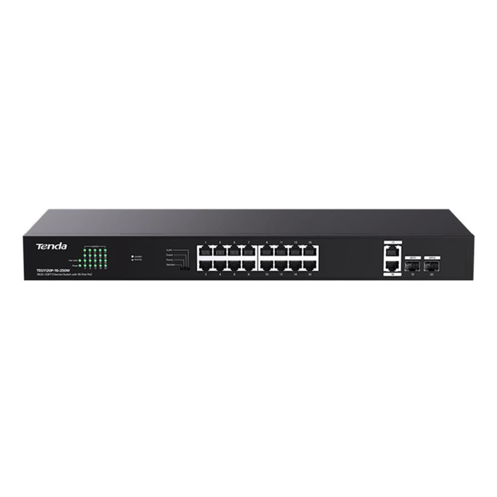 Tenda TEG1120P-16-250W 16 Port Poe+ 10-100-1000 2 Port Uplink + 2 Port SFP Switch Çelik Kasa