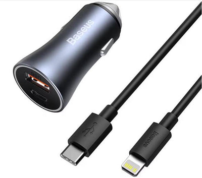 BASEUS Golden Connector Pro U+C 40W Type-C to Lightning Kablo Setli Araç İçi Şarj Cihazı Koyu Gri