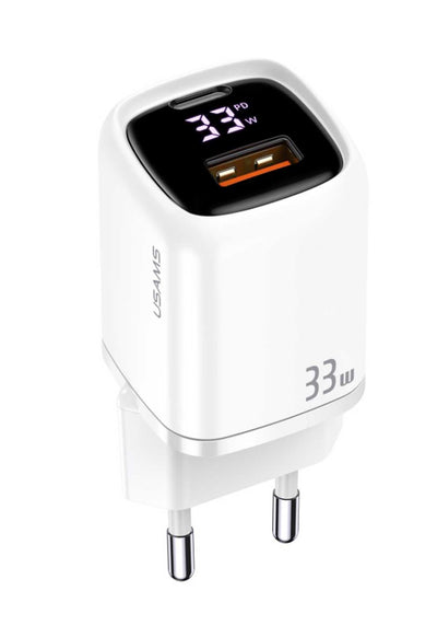 Usams CC152W T46 33W Type-C + Type-A Dijital Göstergeli Hızlı Şarj Başlığı Beyaz OUTLET