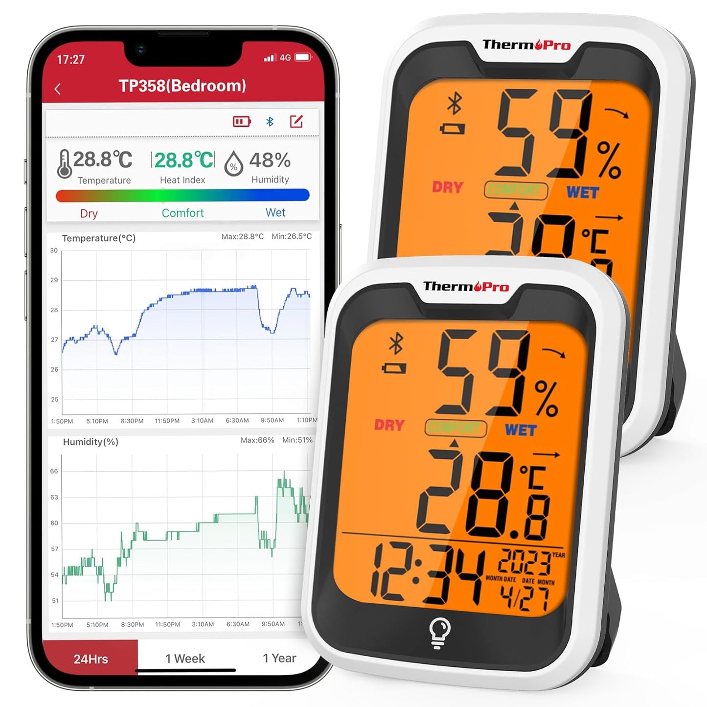 ThermoPro TP358 Telefon Kontrollü, Saatli, Takvimli, İç Mekan Sıcaklık ve Nem Ölçer Termometre