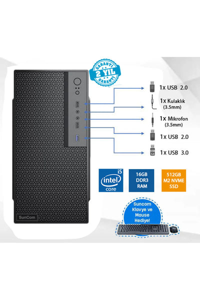 SUNCOM Force SC3-178 i5-6500 8GB 512GB SSD O/B DOS Masaüstü PC Wi-Fi