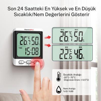 Thermopro TP152 8,5" LCD Ekranlı İç Mekan Dijital Sıcaklık ve Nem Ölçer Termometre