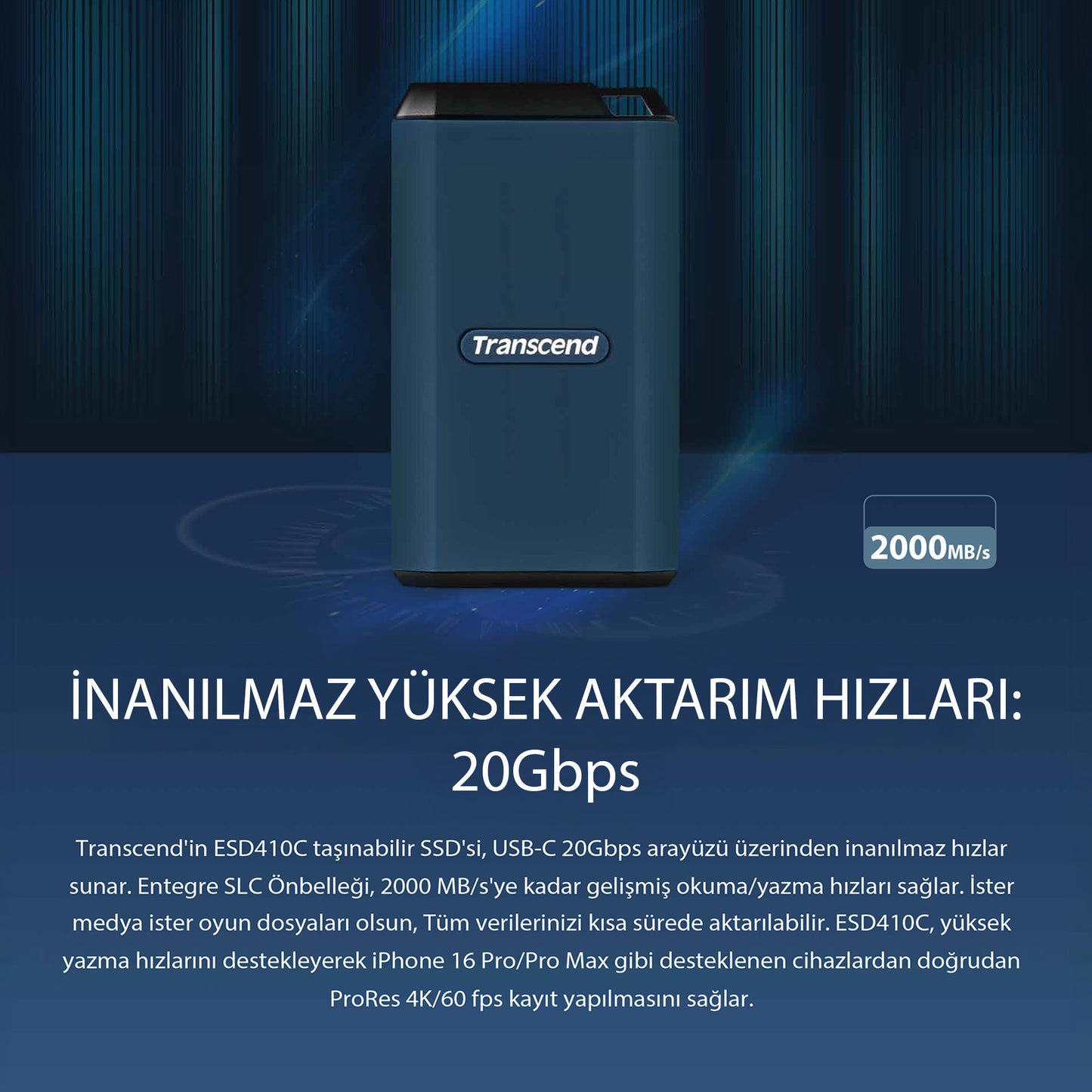 Transcend ESD410C USB/Type-C 20Gbps 2000/2000MB/s Taşınabilir Harici SSD