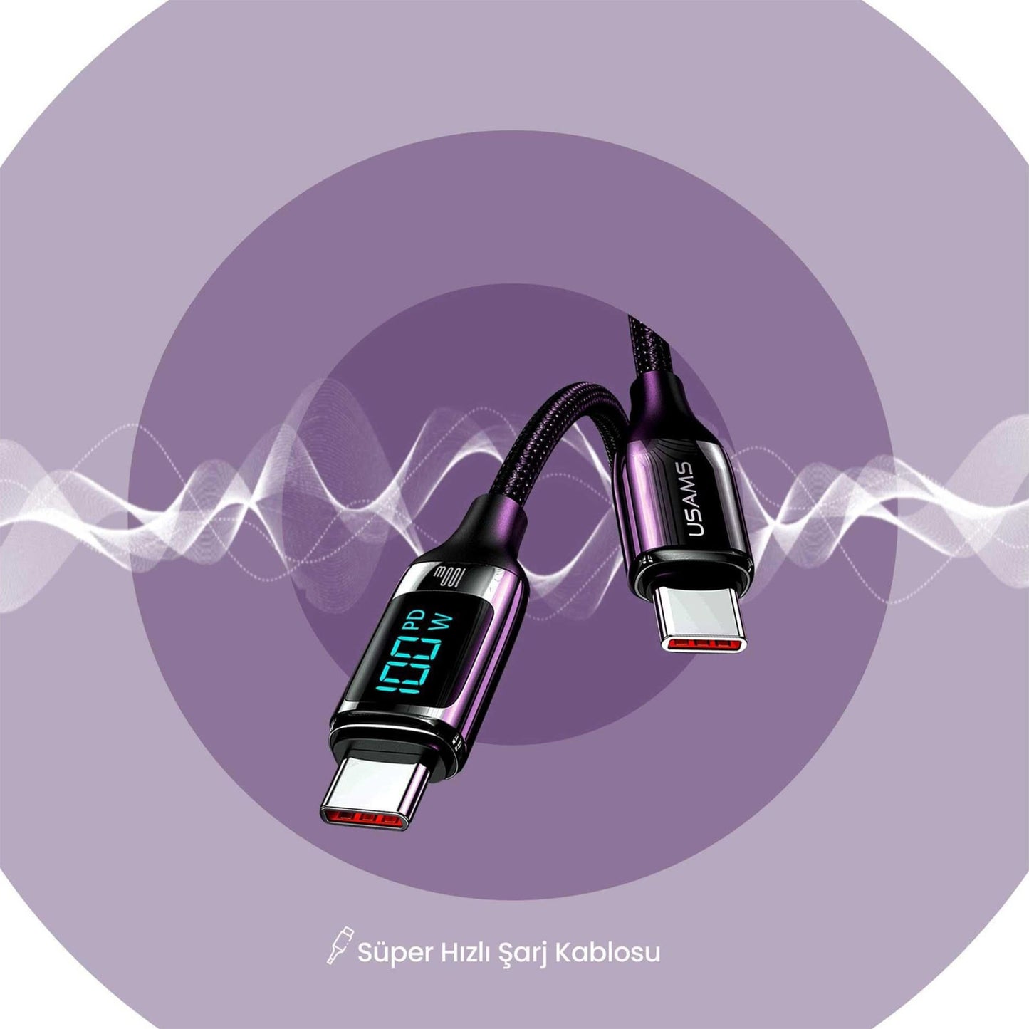 USAMS US-SJ558 Dijital Göstergeli Çipli, Örgülü, 2m PD 100W Type-C Hızlı Şarj Ve Data Kablosu