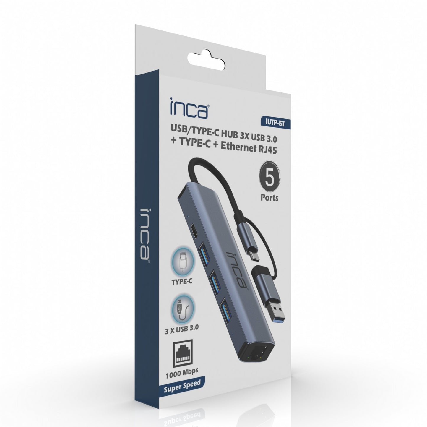 INCA IUTP-5T 3 Port USB/Type-C X3 USB 3.0 + Type-C Ethernet RJ45 Aluminyum Kasa