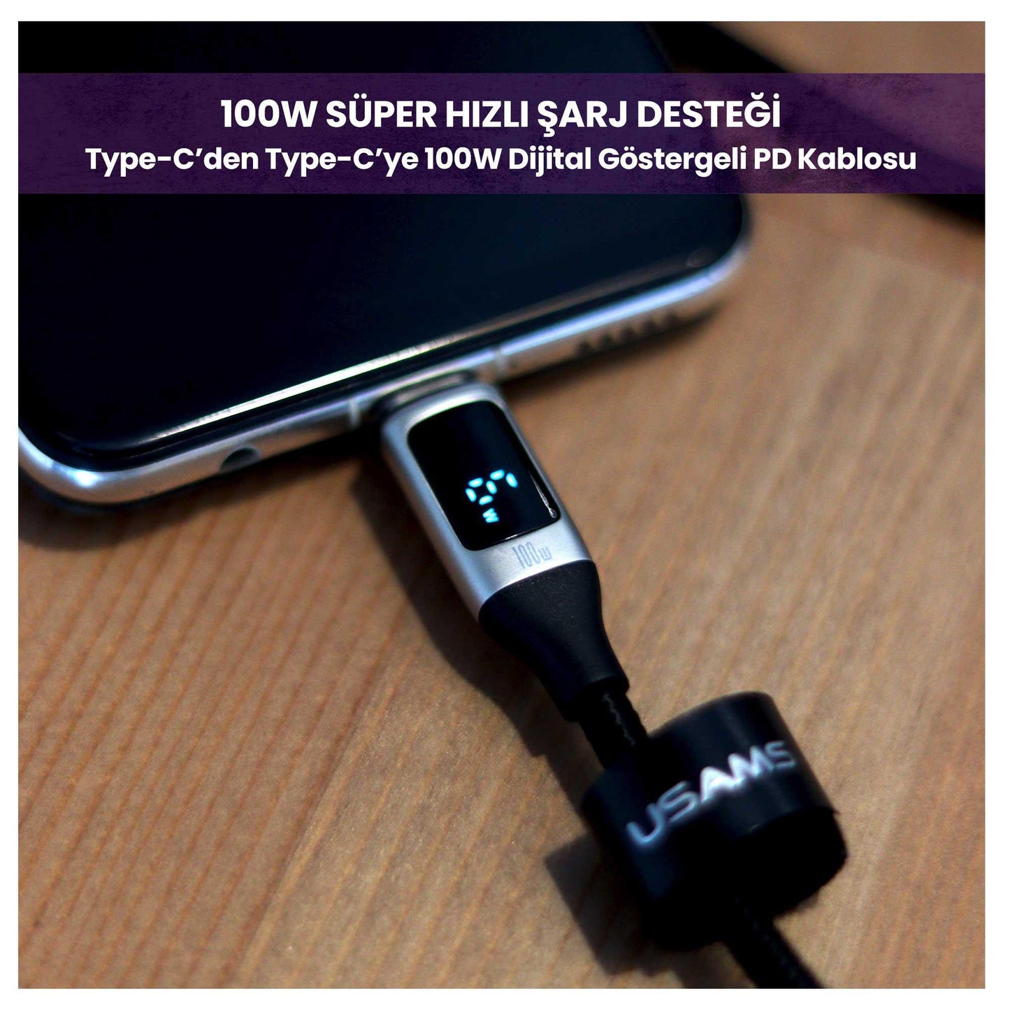 USAMS US-SJ558 Dijital Göstergeli Çipli, Örgülü, 2m PD 100W Type-C Hızlı Şarj Ve Data Kablosu