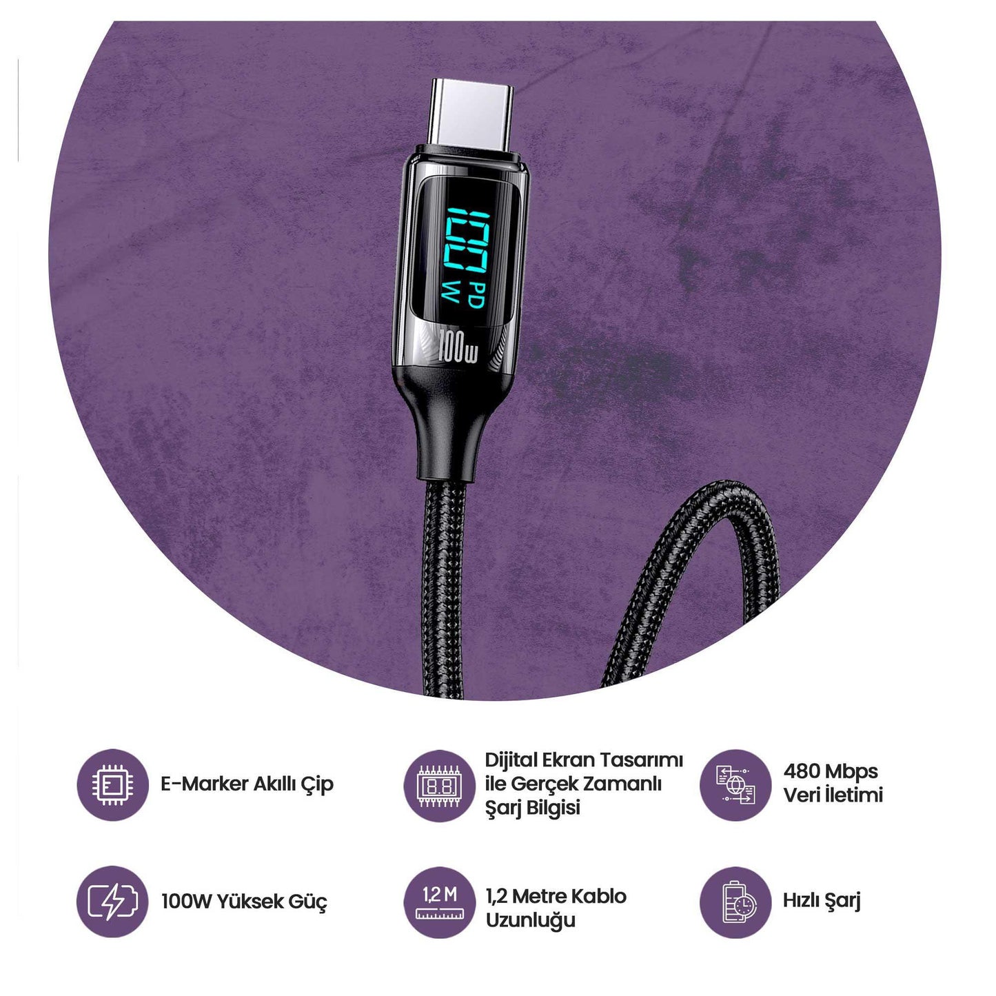 USAMS US-SJ558 Dijital Göstergeli Çipli, Örgülü, 2m PD 100W Type-C Hızlı Şarj Ve Data Kablosu