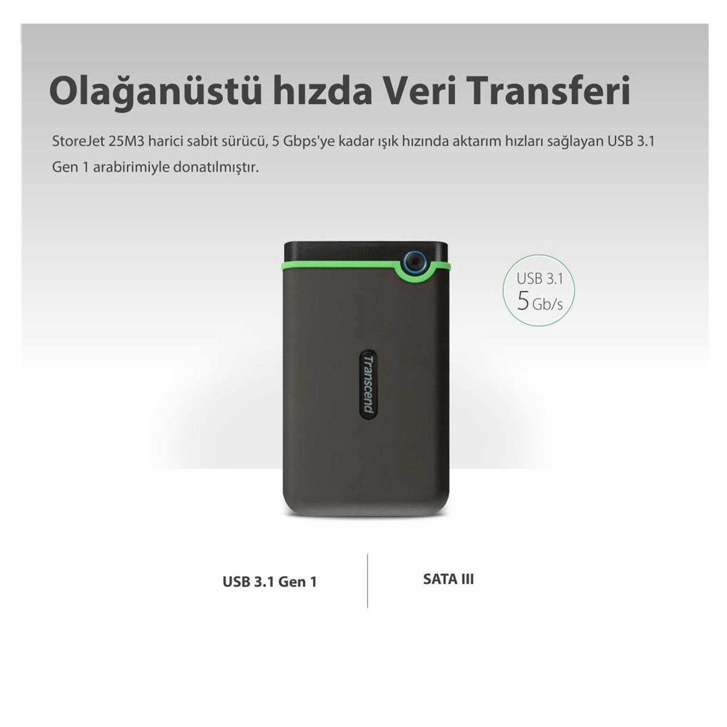 Transcend TS2TSJ25M3G 2TB 2.5" USB 3.1 StoreJet M3 Antişok Slim Taşınabilir Disk