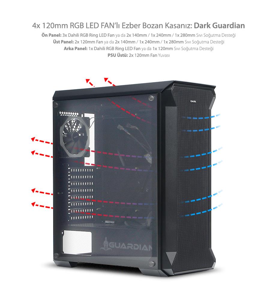 Dark GUARDIAN 4x12cm Dual RGB Fan USB3.0 T-Glass ATX Oyuncu Kasası