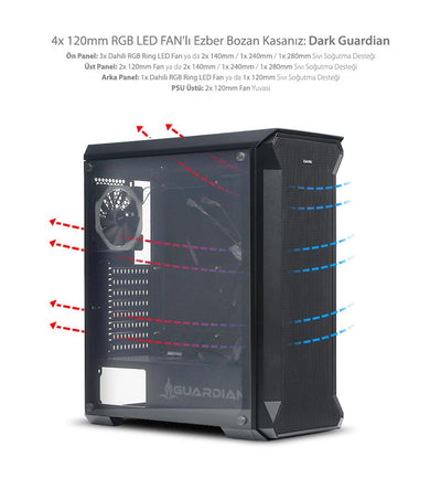 Dark GUARDIAN 4x12cm Dual RGB Fan USB3.0 T-Glass ATX Oyuncu Kasası
