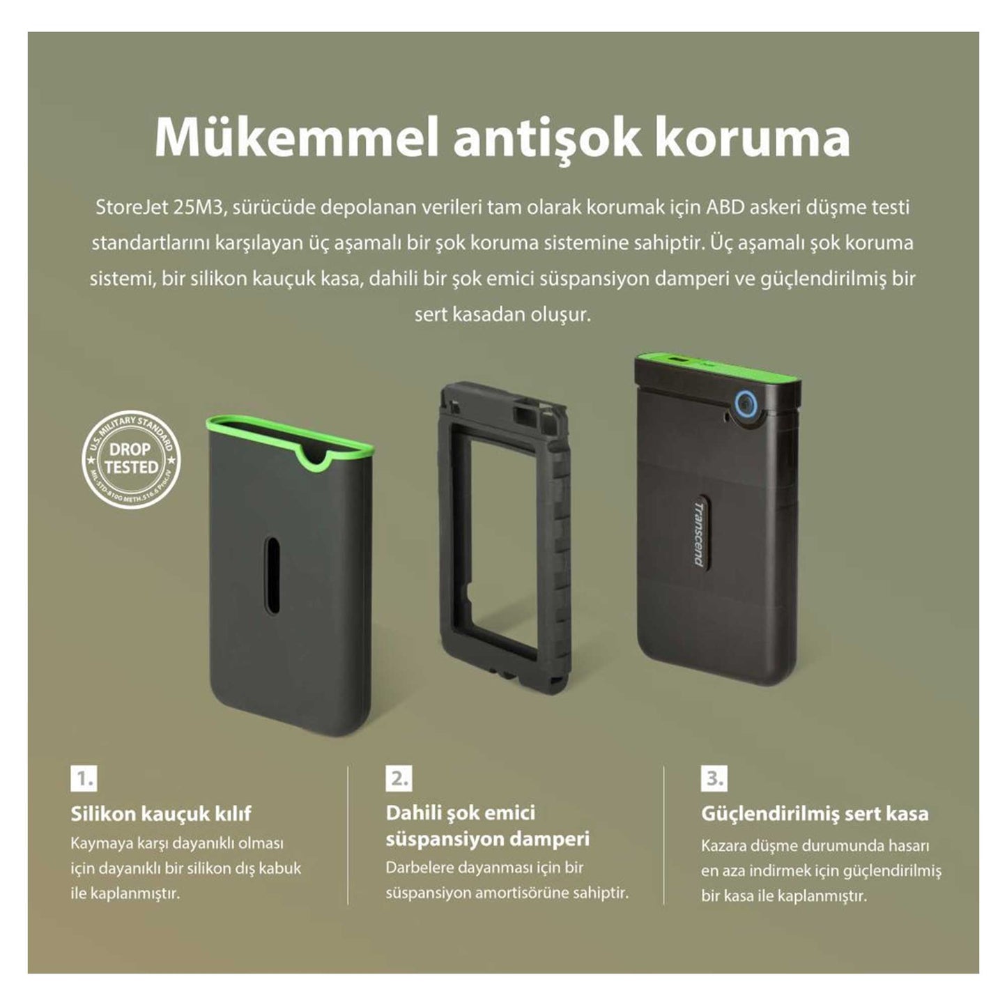 Transcend TS2TSJ25M3G 2TB 2.5" USB 3.1 StoreJet M3 Antişok Slim Taşınabilir Disk