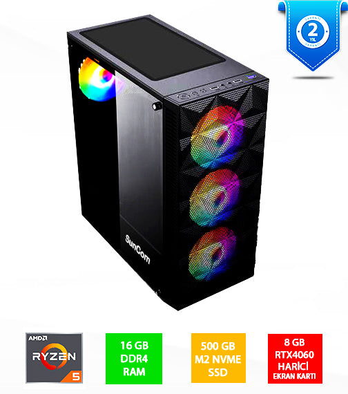 SUNCOM Gaming SG1-142 Ryzen 5 5500 16GB 500GB SSD 8gb RTX4060 DOS Masaüstü PC