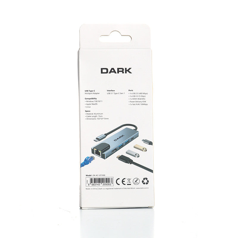 DARK DK-AC-U31X46 5'i 1 Arada USB 3.1 Type-C to Ethernet / HDMI USB 3.0 - USB 2.0 / USB-C 65W Macbook Port Çoklayıcı HUB