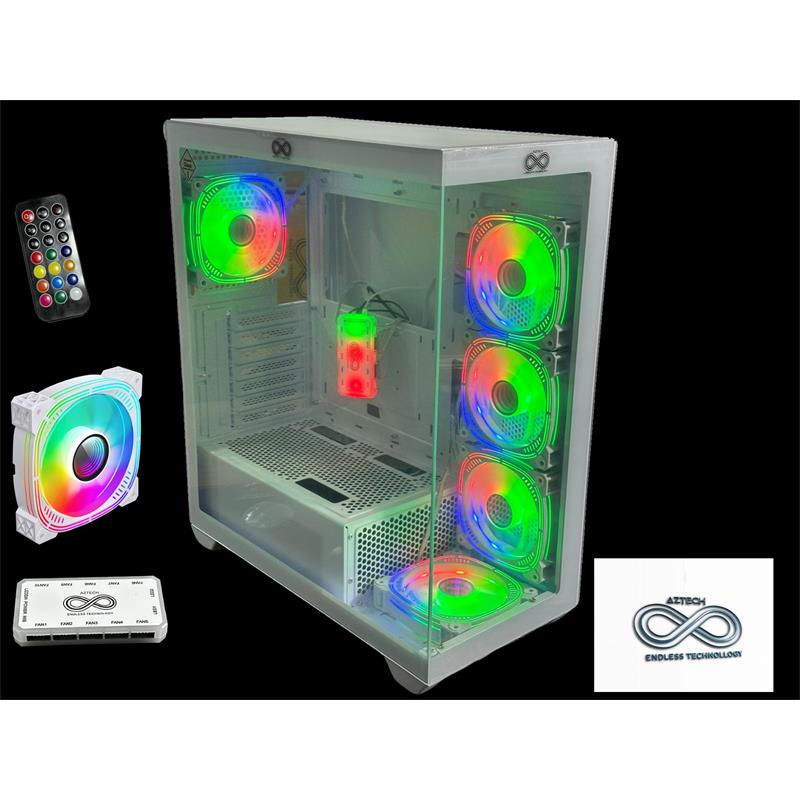 Aztech Azt201 W5*rgb Fan Uzaktan Kumanda Temperli Cam Rgb Switch Beyaz Akvaryum Gaming Kasa