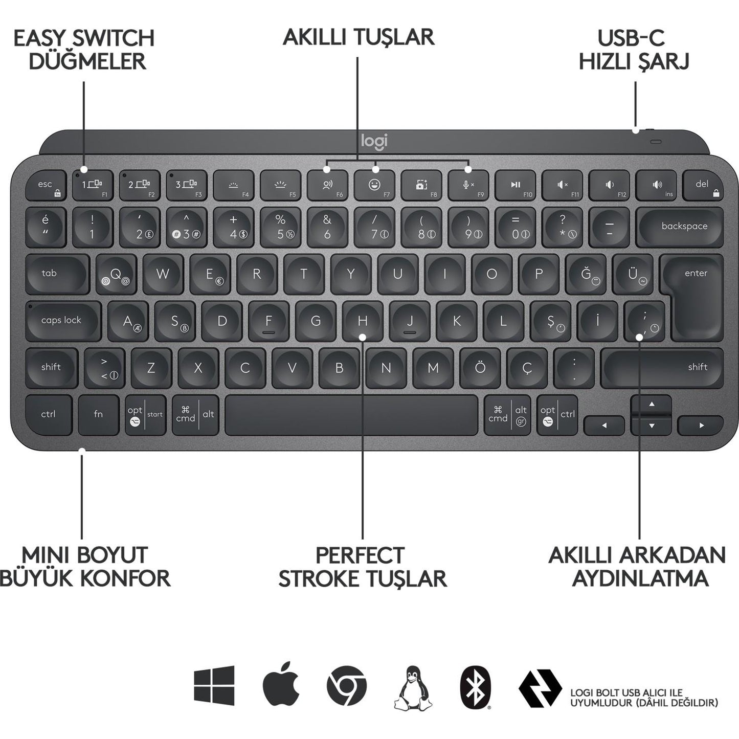 Logitech Mx Keys Mini Q Tr Klavye Siyah 920-010504