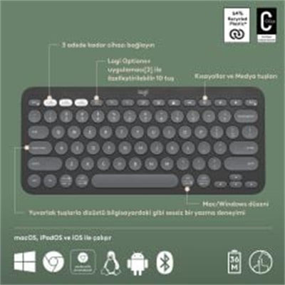 Logitech K380s Pebble Keys 2 Coklu Cihaz Ozellikli Bluetooth Turkce Q Klavye Gri 920-011859