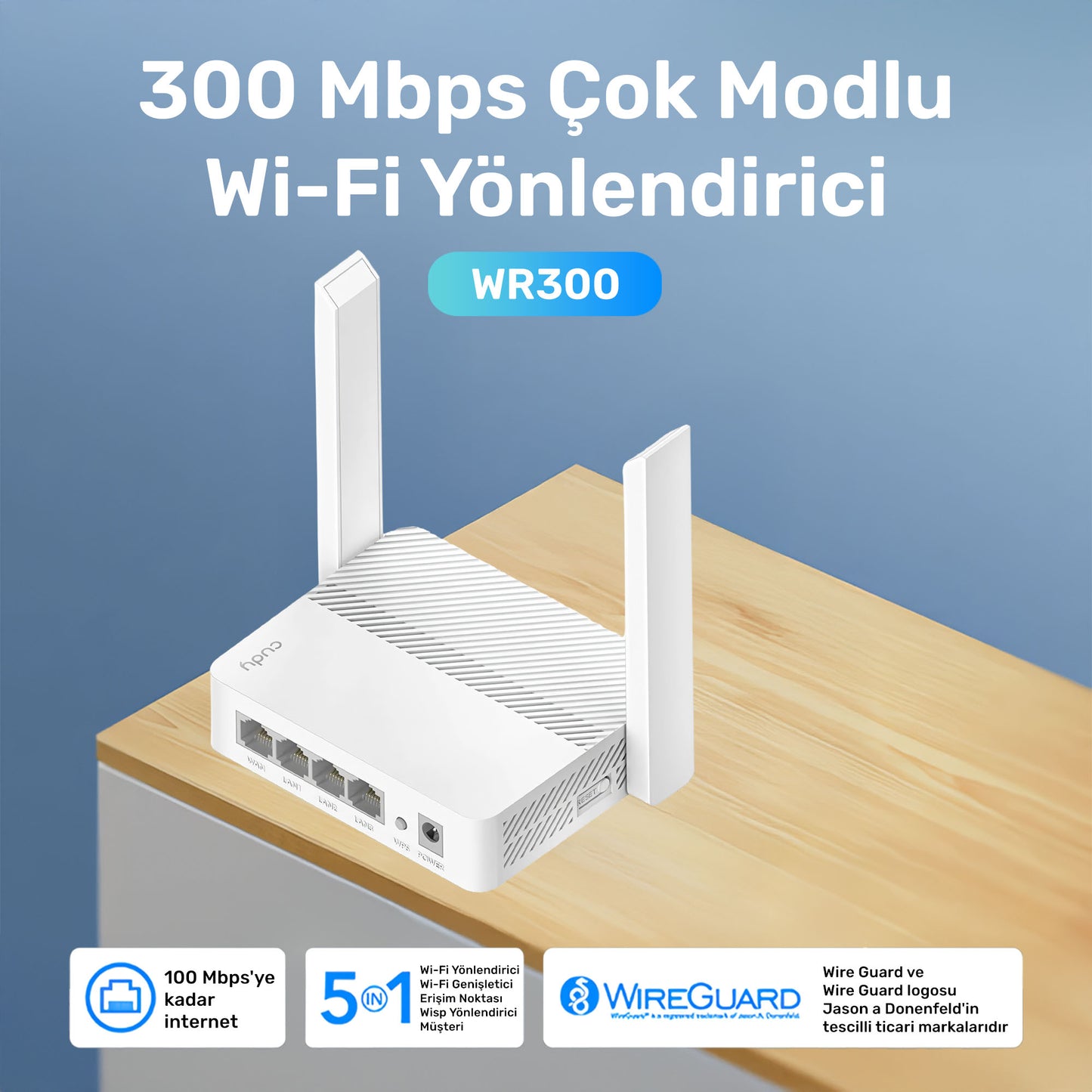 Cudy WR300 Mesh Uyumlu 2.4GHz 300Mbps WireGuard/L2TP/PPTP/VPNClient AP/RE/WISP/Mesh Router (N300)