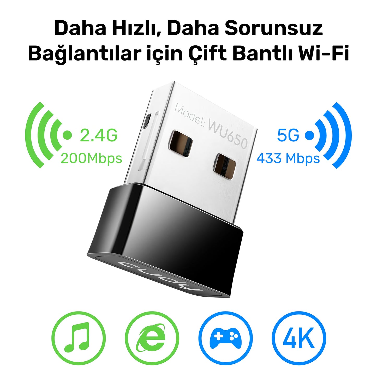 Cudy WU650 5GHz 433Mbps, 2.4GHz 200Mbps Wi-Fi Mini USB Adaptör(AC1200 Serisi)