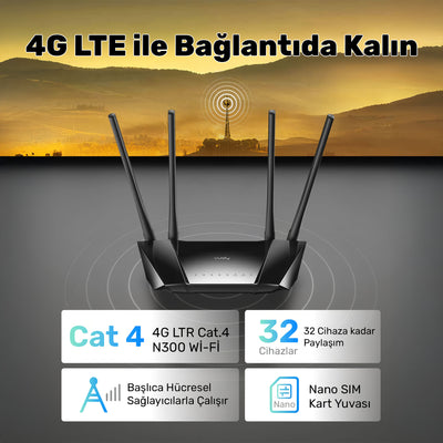 Cudy LT400 2,4GHz 300Mbps, 5GHz 867Mbps, 4 Ports 4G LTE Nano SIM Destekli DDNS Mobile Router