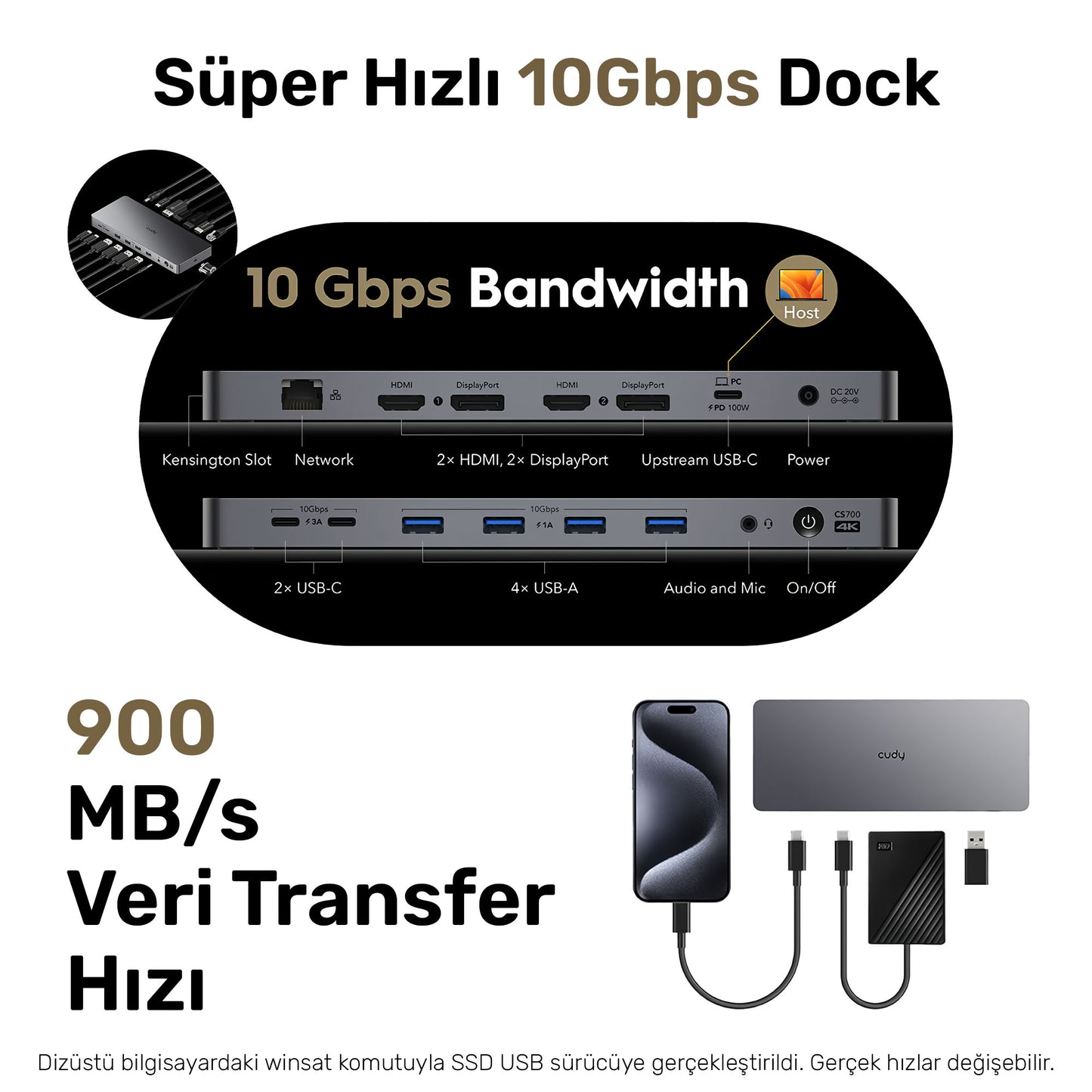 Cudy CS700 Dual 4K 2xHDMI 2xDisplayPort 2xUSB-C(10Gbps) 4xUSB-A 1xGigabit 100W PD Dock İstasyonu