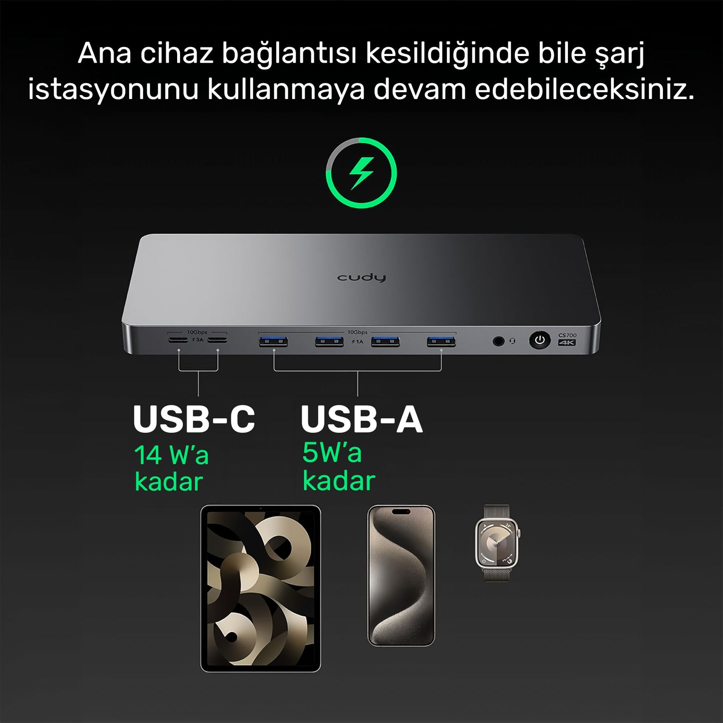 Cudy CS700 Dual 4K 2xHDMI 2xDisplayPort 2xUSB-C(10Gbps) 4xUSB-A 1xGigabit 100W PD Dock İstasyonu