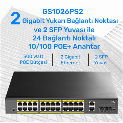 Cudy GS1026PS2 2Port Gigabit 24Port Gigabit PoE 10/100Mbps 300W Metal Kasa Switch