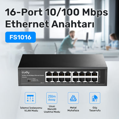 Cudy FS1016 16Port 10/100Mbps 1,6 Gb/sn Metal Kasa Rackmount Masaüstü Switch