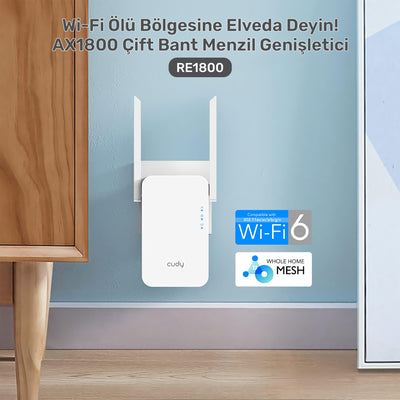 Cudy RE1800 5GHz 1201Mbps, 2.4GHz 574Mbps,Wi-Fi 6 Mesh 2x5dbi Menzil Artırıcı Repeater(AX1800Serisi)