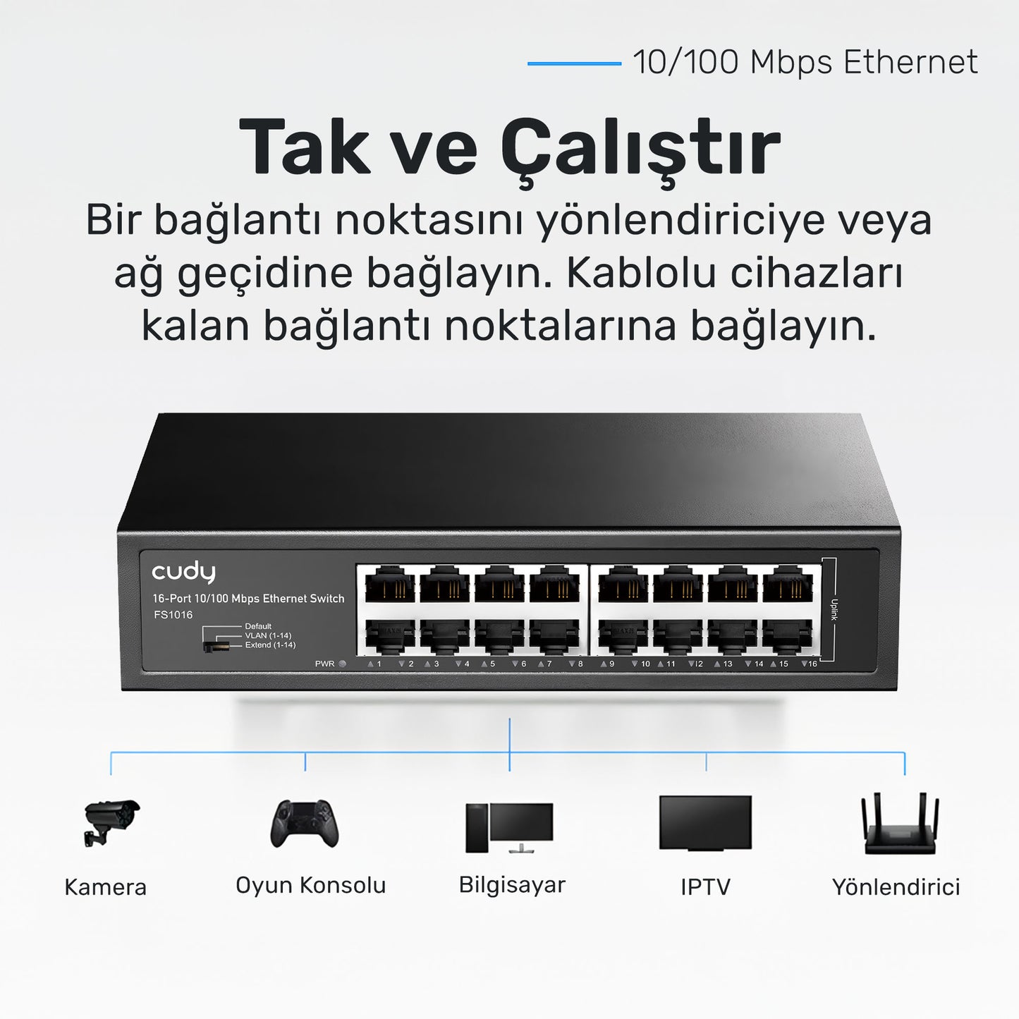 Cudy FS1016 16Port 10/100Mbps 1,6 Gb/sn Metal Kasa Rackmount Masaüstü Switch