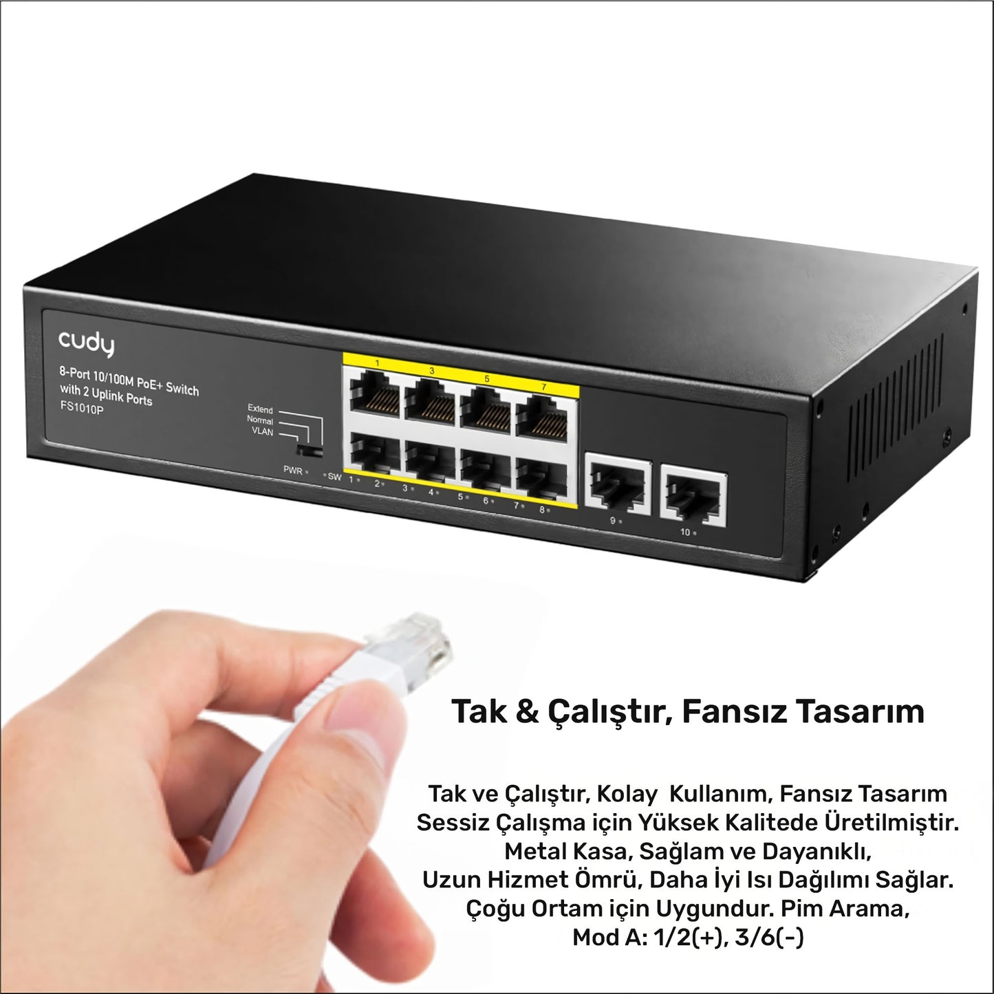 Cudy FS1010P 8 Port 10/100Mbps 120W PoE+, 2 Uplink Portlu VLAN CCTV Rack Mount Metal Switch