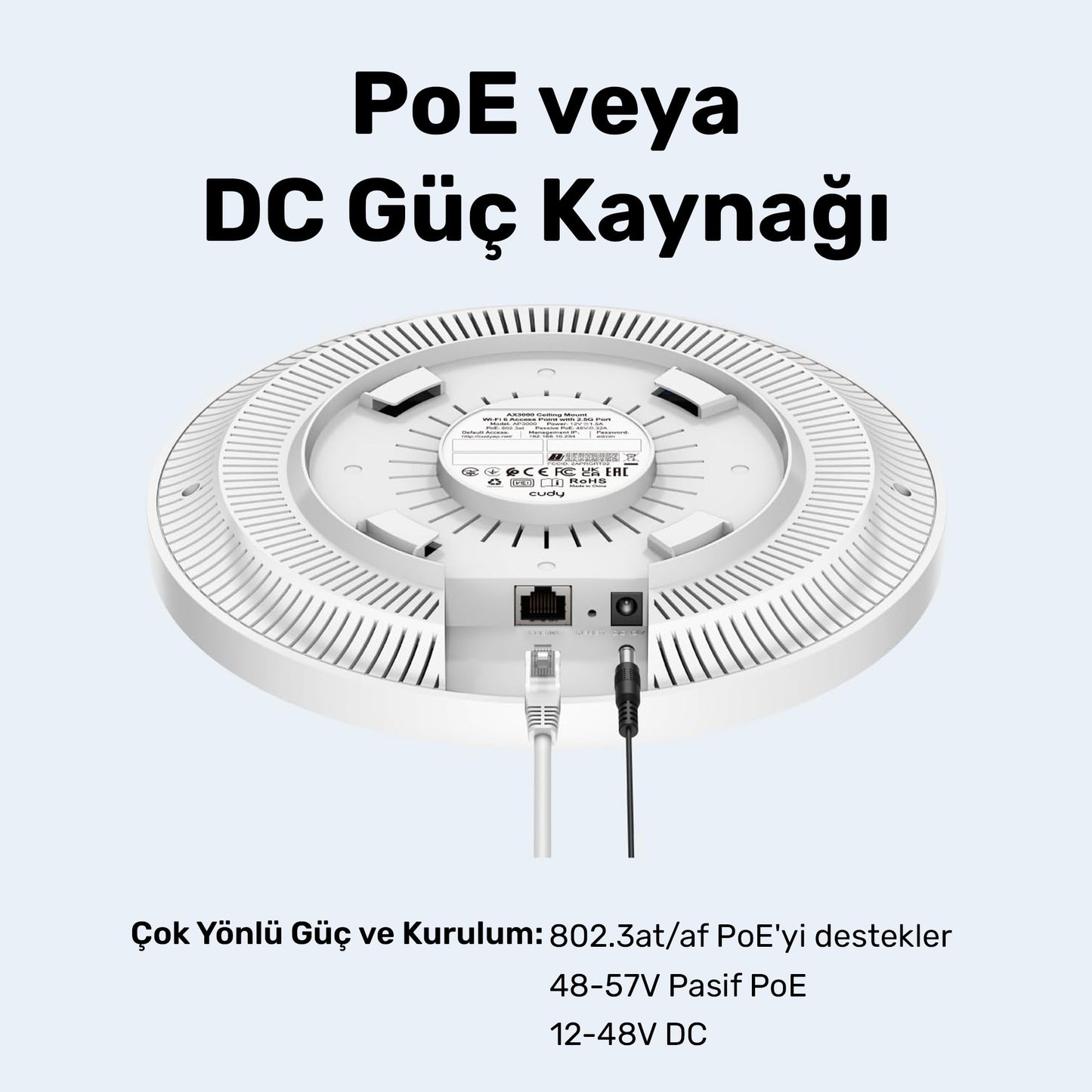 Cudy AP3000 574Mbps/2.4GHz 2402Mbps/5GHz 5x4.8dBi Anten PoE 4in1 Wi-Fi Router (AX3000 Serisi)