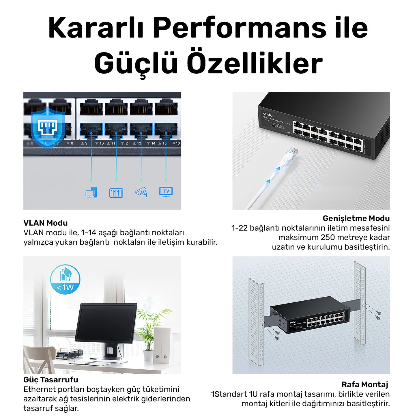 Cudy FS1016 16Port 10/100Mbps 1,6 Gb/sn Metal Kasa Rackmount Masaüstü Switch