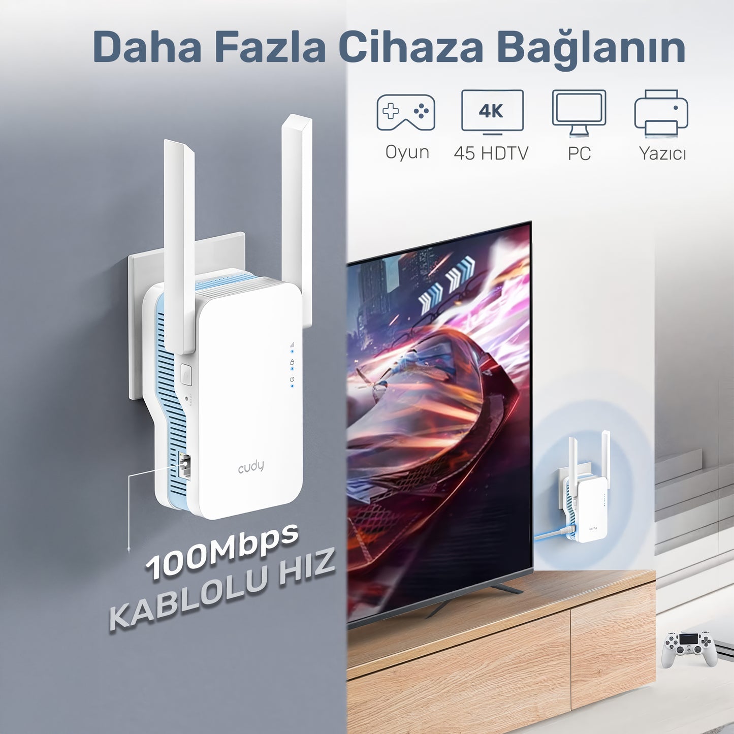 Cudy RE1200 5GHz 867Mbps, 2.4GHz 300Mbps, Wi-Fi Mesh Menzil Genişletici Repeater(AC1200 Serisi)