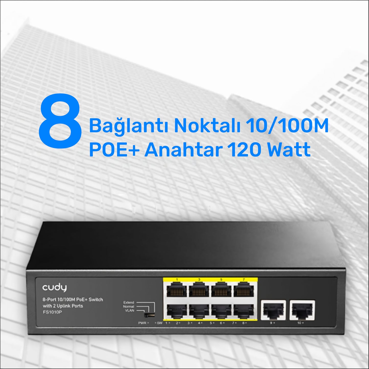 Cudy FS1010P 8 Port 10/100Mbps 120W PoE+, 2 Uplink Portlu VLAN CCTV Rack Mount Metal Switch