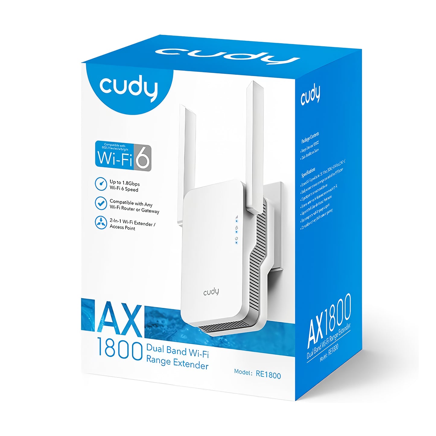 Cudy RE1800 5GHz 1201Mbps, 2.4GHz 574Mbps,Wi-Fi 6 Mesh 2x5dbi Menzil Artırıcı Repeater(AX1800Serisi)