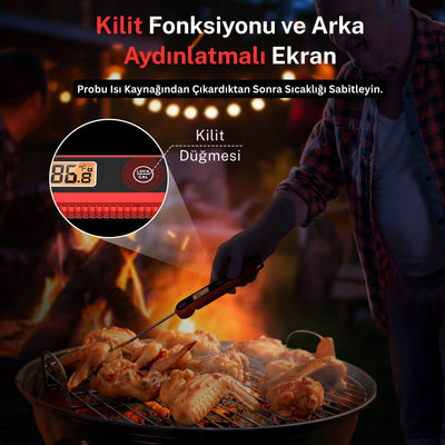 Thermopro TP-03H Su Geçirmez Katlanabilir Profesyonel Gıda Pişirme Termometresi-Kırmızı