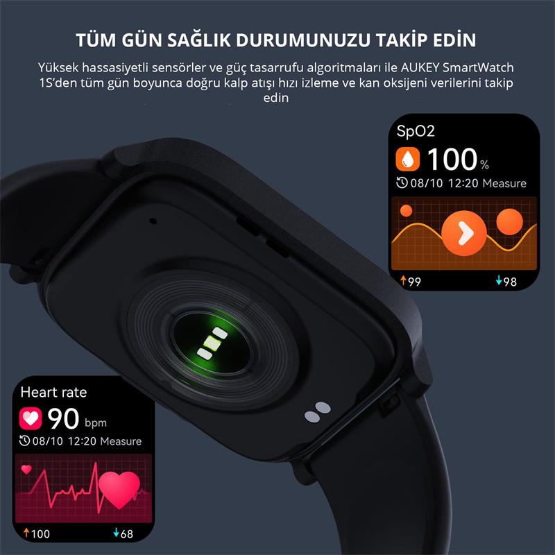 Aukey Sw-1s-bk Akilli Saat 4.3cm Ip68 Tft Lcd Parlak Ekran Bt Arama Saglik Monitoru 12 Gun Pil Siyah