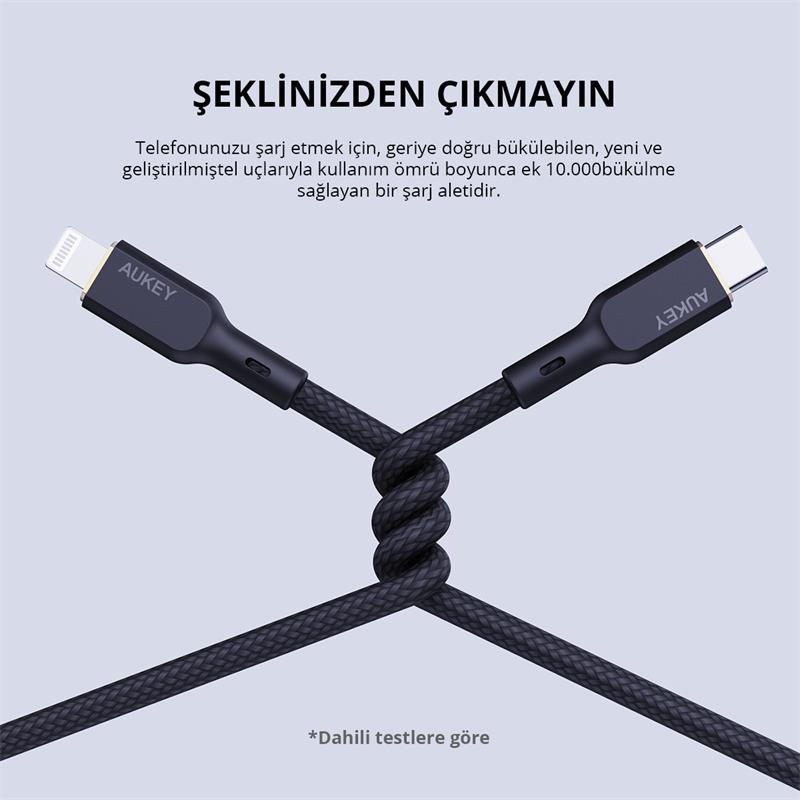 Aukey Cb-ncl1-bk Naylon Orgulu 3a 480mbps Type-c Lightning Kablosu 1.8mt