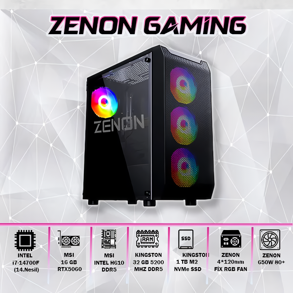 ZENON Gaming ZG-165 i7-14700F 32GB 1TB SSD 16gb RTX5060 Ti DOS Masaüstü Oyun Bilgisayarı (3 Yıl Garanti)