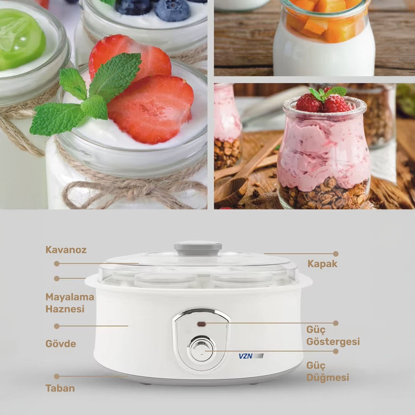 VZN 20W 1,5Lt. 7 Kavanozlu  Bebek Ek Gıda Başlangıç Seti ve Profesyonel Yoğurt Mayalama Makinesi