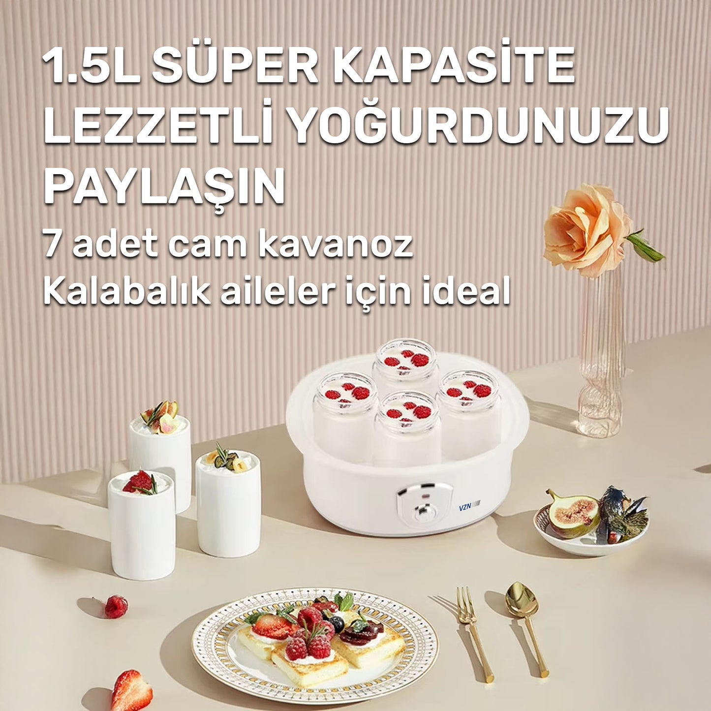 VZN 20W 1,5Lt. 7 Kavanozlu  Bebek Ek Gıda Başlangıç Seti ve Profesyonel Yoğurt Mayalama Makinesi