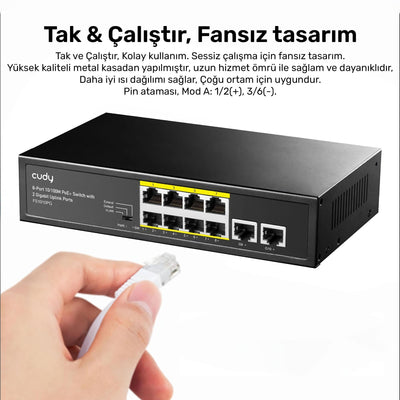 Cudy FS1010PG 8 Port 10/100Mbps PoE+ 120W PoE, 2 Uplink Portlu VLAN CCTV Rack Mount Metal Switch