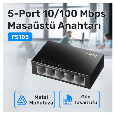 Cudy FS105 5Port 10/100Mbps Duvar Montajlı Metal Masaüstü Switch