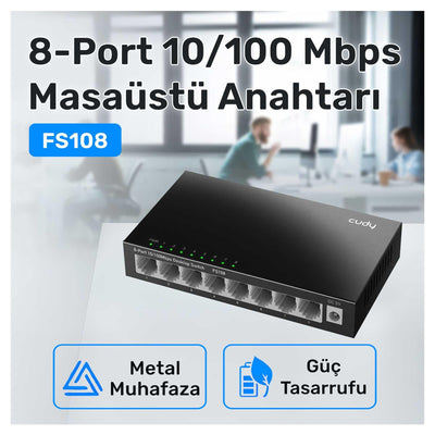 Cudy FS108 8Port 10/100Mbps Duvar Montajlı Metal Masaüstü Switch